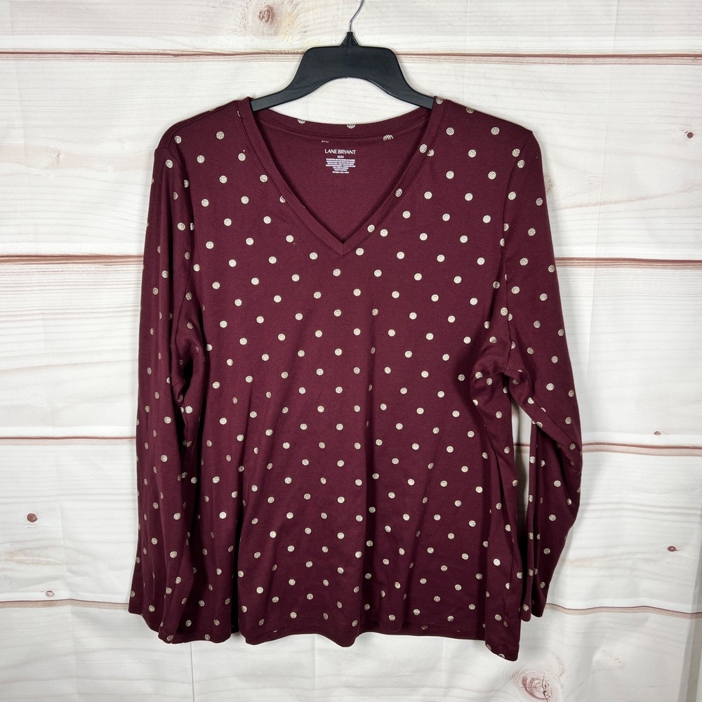 Lane Bryant Top Womens 22 24 Burgundy V-Neck T-Shirt Gold Print Long Sleeve Knit